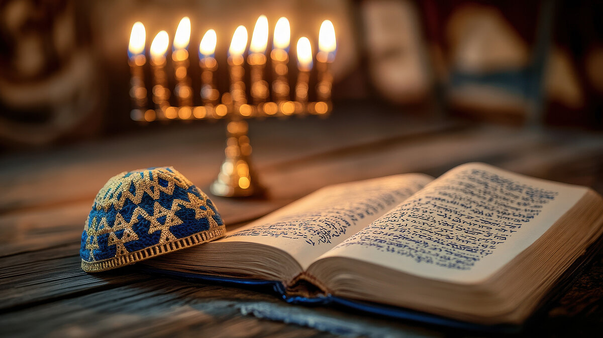 Symbole jüdischen Lebens: beleuchtete Menora und offener Siddur mit Kippa auf einem Holztisch, zur Feier des jüdischen Feiertags Chanukka. Foto: neoartworker - stock.adobe.com (Foto mit KI erstellt).